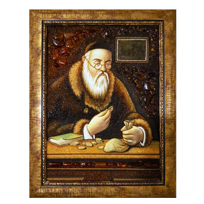 Картина из янтаря Еврей Считает Монеты